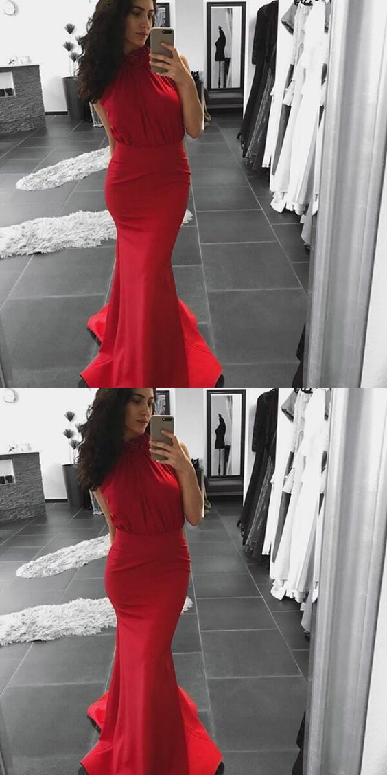 Unique Mermaid High Neck Sleeveless Red Sweep Train Prom Dress With Appliques D30070 On Luulla 4161