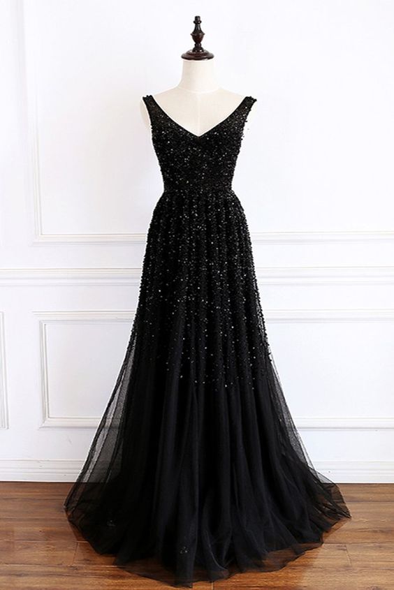 Stunning Black Tulle Beaded Long V Neck Prom Dress Evening Dress On Luulla 