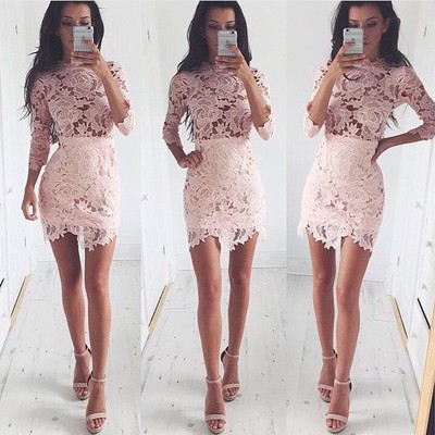 Fancy Scalloped Neck 3/4 Sleeves Pink Sheath Lace Homecoming Dress on ...