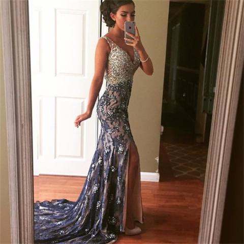 Watermelon V Neck Sleeveless Beaded Side Slit Lace Up Sheath Prom Dress