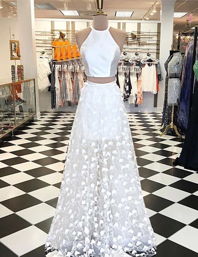 Two Piece A-line Jewel White Floor-length Appliques Prom Dress on Luulla