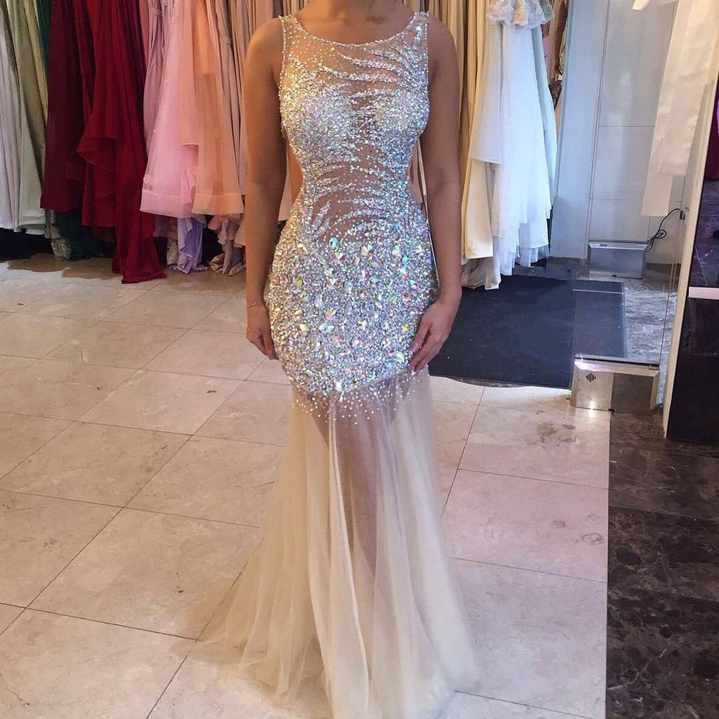 Fully Crystal Beaded Tulle Mermaid Prom Dresses Illusion Evening Gowns ...