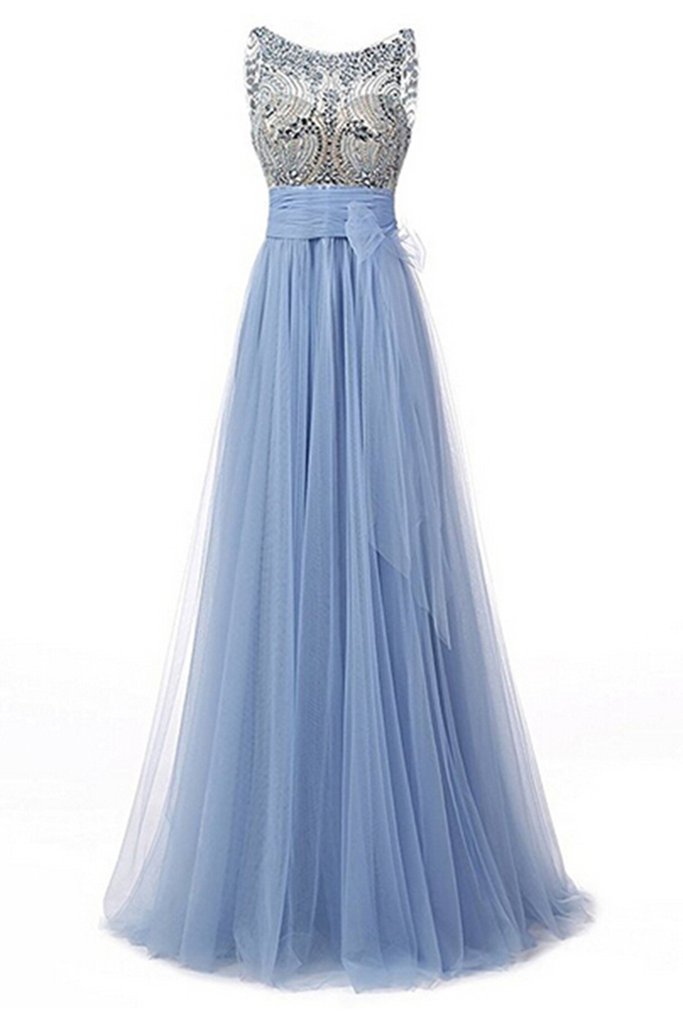 Light Blue Tulle Beading Round Neck A-line See-through Long Prom ...