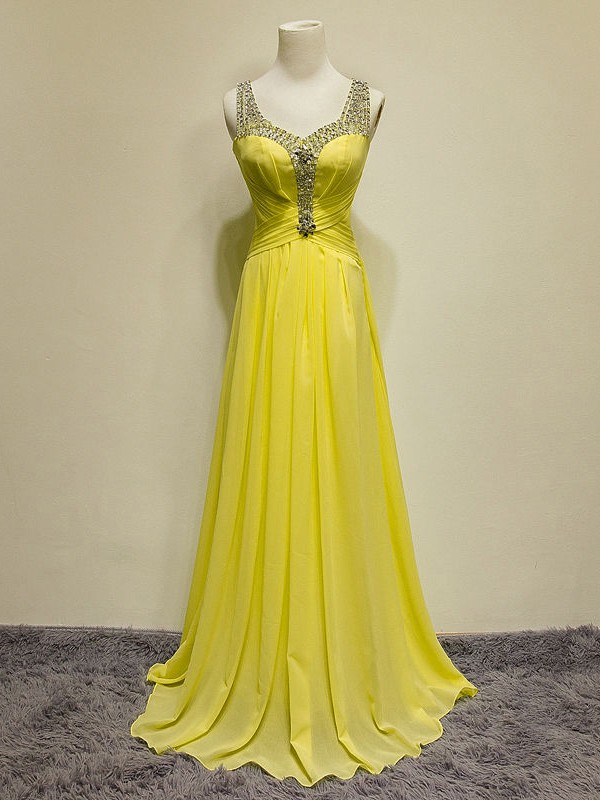 A-line V-neck Tulle Chiffon Floor-length With Crystal Detailing Prom ...